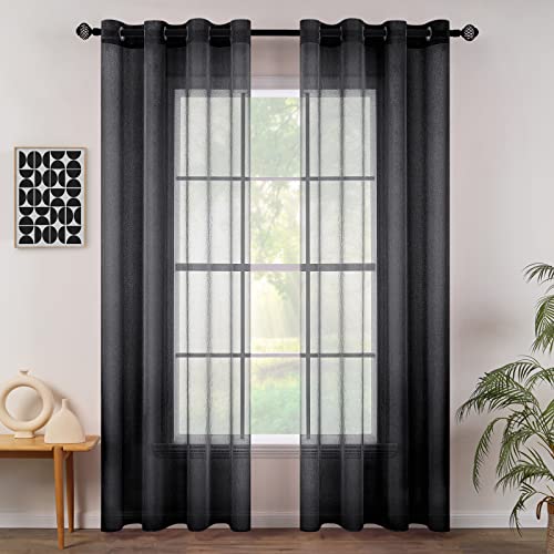 MIULEE 2er Set Sheer Voile Vorhang mit Ösen Transparente Gardine aus Voile Polyester Ösenschal Transparent Wohnzimmer Luftig Dekoschal für Schlafzimmer 140 X 245 cm (B x H), Grommet Top Schwarz von MIULEE