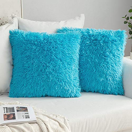 MIULEE 2er Set Kissenbezüge Künstlich Pelz Sofakissen Dekorative Dekokissen Kuschelkissen Plüschkissen Kuschelig Couchkissen Superweich Kissen Flauschig Kissenbezug für Sofa 50x50 cm Hellblau von MIULEE