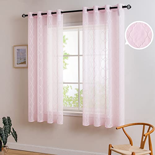 MIULEE Gardinen Vorhang Wohnzimmer 2er Set mit Ösen Transparente Vorhänge Stores gardinen mit kräuselband Stickerei Ösenschal Fensterschal Dekoschal für Schlafzimmer 145 x 140cm (H x B) Rosa von MIULEE