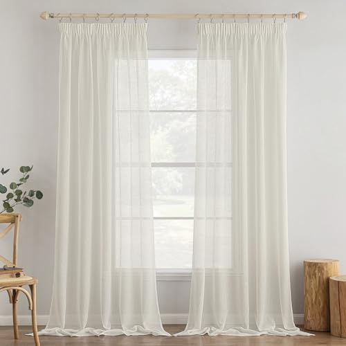 MIULEE 2er Set Voile Vorhang Sheer Vorhang mit kräuselband Transparente Leinenoptik Gardinen Wohnzimmer Modern Fensterschal Schlafzimmer 140x260cm (B x H) Elfenbeinweiß von MIULEE