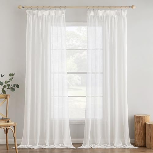 MIULEE 2er Set Voile Vorhang Sheer Vorhang mit kräuselband Transparente Leinenoptik Gardinen Wohnzimmer Modern Fensterschal Schlafzimmer 140x260cm (B x H) Weiß von MIULEE