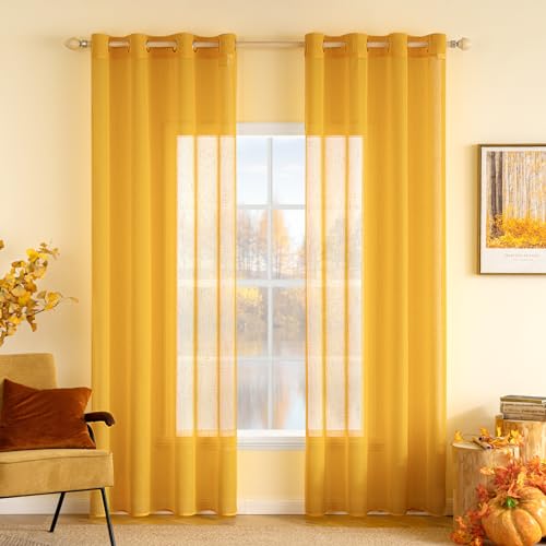 MIULEE 2er Set Voile Vorhang Sheer Leinenvorhang mit Ösen Transparente Leinen Optik Gardine Ösenschal Wohnzimmer Fensterschal Lichtdurchlässig Dekoschal Schlafzimmer 140x145cm (B x H) Gelb von MIULEE