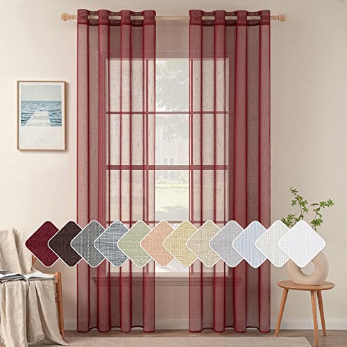 MIULEE 2er Set Voile Vorhang Sheer Leinenvorhang mit Ösen Transparente Leinen Optik Gardine Ösenschal Wohnzimmer Fensterschal Lichtdurchlässig Dekoschal Schlafzimmer 140x145cm (B x H) Rot von MIULEE