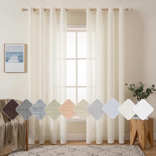 MIULEE 2er Set Voile Vorhang Sheer Leinenvorhang mit Ösen Transparente Leinen Optik Gardine Ösenschal Wohnzimmer Fensterschal Lichtdurchlässig Dekoschal Schlafzimmer 140x160cm (B x H) Hellbeige von MIULEE