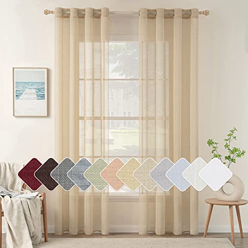 MIULEE 2er Set Voile Vorhang Sheer Leinenvorhang mit Ösen Transparente Leinen Optik Gardine Ösenschal Wohnzimmer Fensterschal Lichtdurchlässig Dekoschal Schlafzimmer 140x160cm (B x H) Beige-gelb von MIULEE