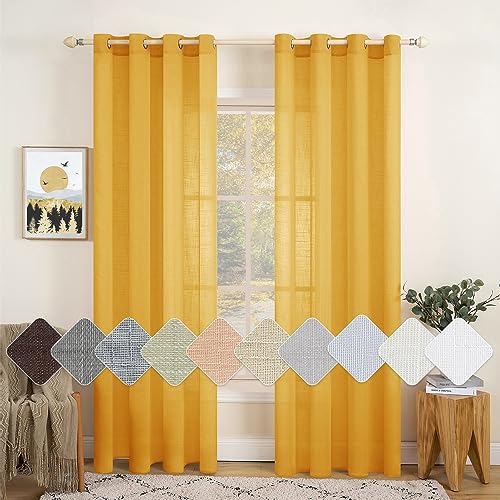 MIULEE 2er Set Voile Vorhang Sheer Leinenvorhang mit Ösen Transparente Leinen Optik Gardine Ösenschal Wohnzimmer Fensterschal Lichtdurchlässig Dekoschal Schlafzimmer 140x160cm (B x H) Gelb von MIULEE