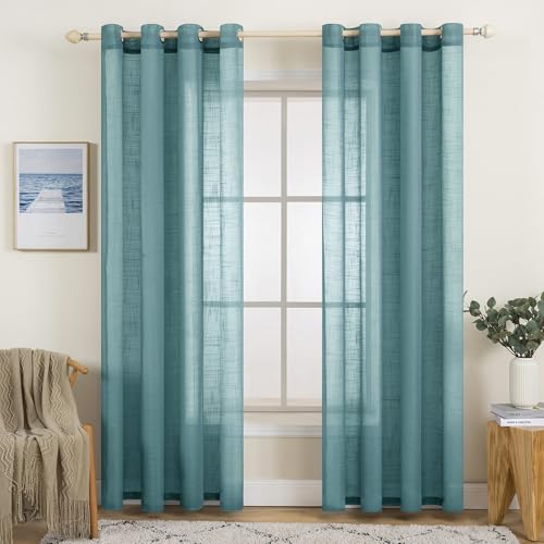 MIULEE 2er Set Voile Vorhang Sheer Leinenvorhang mit Ösen Transparente Leinen Optik Gardine Ösenschal Wohnzimmer Fensterschal Lichtdurchlässig Dekoschal Schlafzimmer 140x160cm (B x H) Staubiges Blau von MIULEE