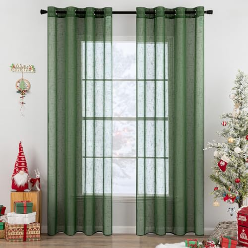 MIULEE 2er Set Voile Vorhang Sheer Leinenvorhang mit Ösen Transparente Leinen Optik Gardine Ösenschal Wohnzimmer Fensterschal Lichtdurchlässig Dekoschal Schlafzimmer 140x215cm (B x H) Dunkelgrün von MIULEE