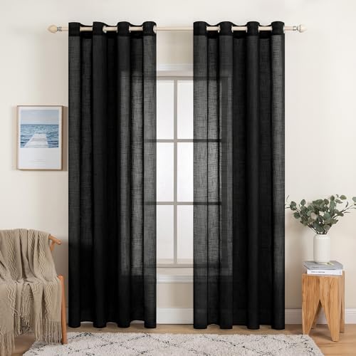 MIULEE 2er Set Voile Vorhang Sheer Leinenvorhang mit Ösen Transparente Leinen Optik Gardine Ösenschal Wohnzimmer Fensterschal Lichtdurchlässig Dekoschal Schlafzimmer 140x215cm (B x H) Schwarz von MIULEE