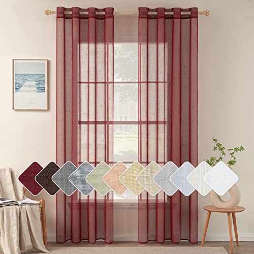 MIULEE 2er Set Voile Vorhang Sheer Leinenvorhang mit Ösen Transparente Leinen Optik Gardine Ösenschal Wohnzimmer Fensterschal Lichtdurchlässig Dekoschal Schlafzimmer 140x225cm (B x H) Rot von MIULEE
