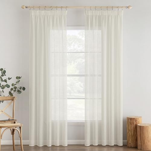 MIULEE 2er Set Voile Vorhang Sheer Vorhang mit kräuselband Transparente Leinenoptik Gardinen Wohnzimmer Modern Fensterschal Schlafzimmer 140x200cm (B x H) Elfenbeinweiß von MIULEE
