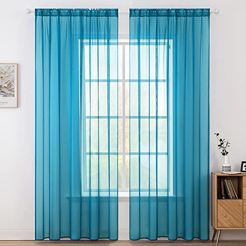 MIULEE Voile Vorhang Transparente Gardine aus Voile Einfarbig Stangendurchzug Transparent Wohnzimmer Luftig Dekoschal für Schlafzimmer 2er Set 245 x 140cm (H x B), Rod Pocket Blau Türkis von MIULEE