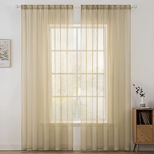 MIULEE 2er Set Voile Vorhang Transparente Gardine aus Voile Polyester Stangendurchzug Transparent Wohnzimmer Luftig Dekoschal für Schlafzimmer Hellbraun 55" Wx88 L, Rod Pocket von MIULEE