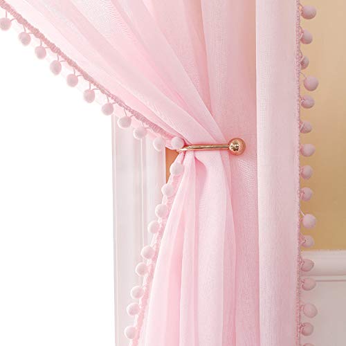 MIULEE Vorhang mit Pompons-Hübsche Rosa Gardinen für Kinderzimmer Mädchen, 2 Stücke Transparent Gardinen mit Pompons für Mädchenzimmer, Durchsichtig Vorhang mit Bommeln, Jeder H 245 X B 140cm von MIULEE