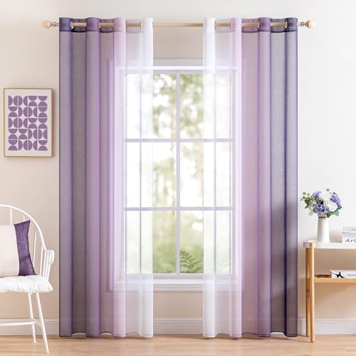 MIULEE 2er Set Voile Vorhang Zweifarbiger Vorhang mit Ösen Transparente Gardine Ösenschal Fensterschal Lichtdurchlässig für Schlafzimmer, 140x137cm, Lila von MIULEE