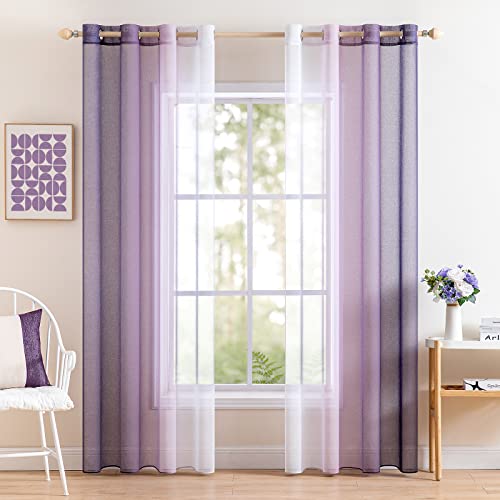 MIULEE 2er Set Voile Vorhang Zweifarbiger Vorhang mit Ösen Transparente Gardine Ösenschal Fensterschal Lichtdurchlässig für Schlafzimmer, 140x145cm, Lila von MIULEE