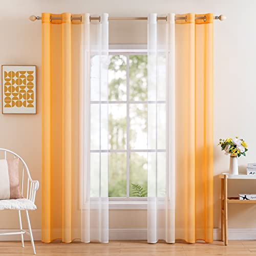 MIULEE 2er Set Voile Vorhang Zweifarbiger Vorhang mit Ösen Transparente Gardine Ösenschal Fensterschal Lichtdurchlässig für Schlafzimmer, 140x145cm, Orange von MIULEE