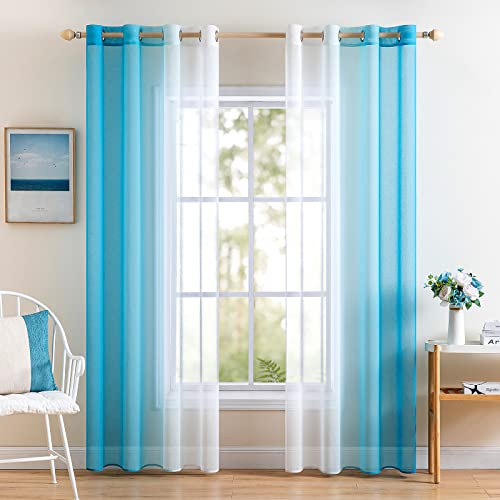 MIULEE 2er Set Voile Vorhang Zweifarbiger Vorhang mit Ösen Transparente Gardine Ösenschal Fensterschal Lichtdurchlässig für Schlafzimmer, 140x145cm, Wasserblau von MIULEE