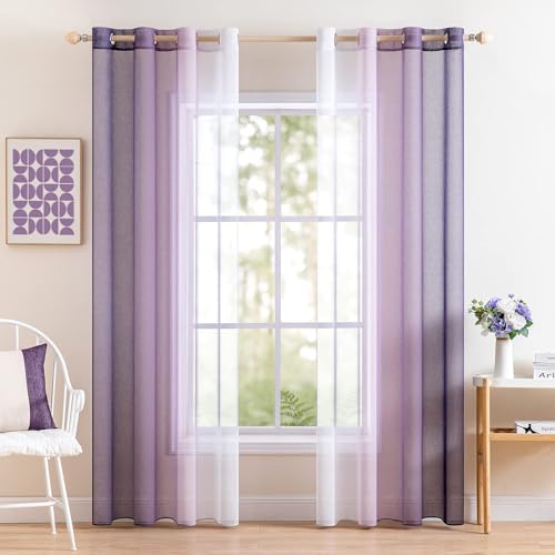MIULEE 2er Set Voile Vorhang Zweifarbiger Vorhang mit Ösen Transparente Gardine Ösenschal Fensterschal Lichtdurchlässig für Schlafzimmer, 140x200cm, Lila von MIULEE