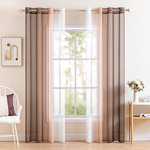 MIULEE 2er Set Voile Vorhang Zweifarbiger Vorhang mit Ösen Transparente Gardine Ösenschal Fensterschal Lichtdurchlässig für Schlafzimmer, 140x225cm, Hellkaffee von MIULEE