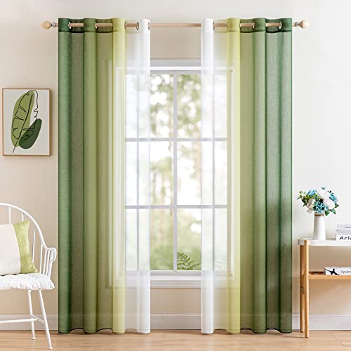 MIULEE 2er Set Voile Vorhang Zweifarbiger Vorhang mit Ösen Transparente Gardine Ösenschal Fensterschal Lichtdurchlässig für Schlafzimmer, 140x225cm, Olivergrün von MIULEE