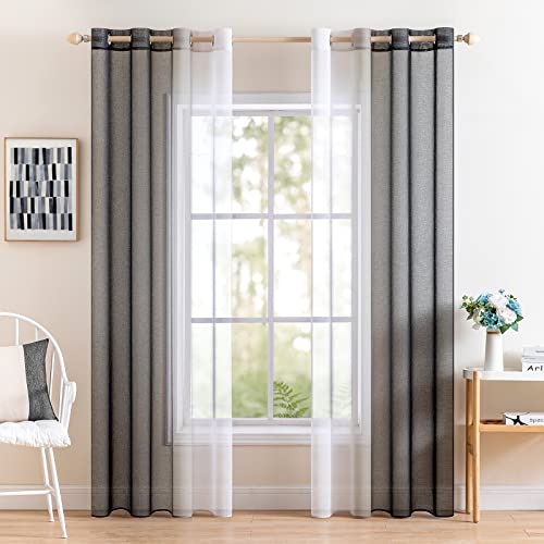 MIULEE 2er Set Voile Vorhang Zweifarbiger Vorhang mit Ösen Transparente Gardine Ösenschal Fensterschal Lichtdurchlässig für Schlafzimmer, 140x245cm, Schwarz von MIULEE