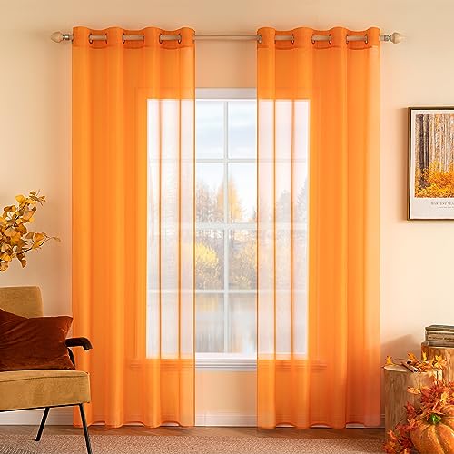 MIULEE 2er Set Voile Vorhang mit Ösen Gardine aus Voile Polyester Ösenschal Transparent Wohnzimmer Luftig Dekoschal für Schlafzimmer Orange 175 x 140cm (H x B), Grommet Top von MIULEE