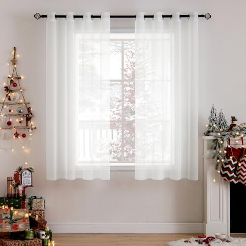 MIULEE 2er Set Voile Vorhang mit Ösen Transparente Optik Gardine Polyester Ösenschal Transparent Wohnzimmer für Schlafzimmer 137 x 140cm (H x B), Grommet Top Elfenbein von MIULEE