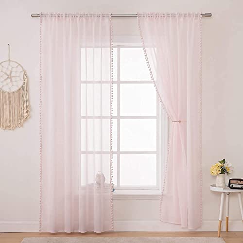 MIULEE Vorhang mit Pompons-Hübsche Rosa Gardinen für Kinderzimmer Mädchen, 2 Stücke Transparent Gardinen mit Pompons für Mädchenzimmer, Durchsichtig Vorhang mit Bommeln, Jeder H 225 X B 140cm von MIULEE