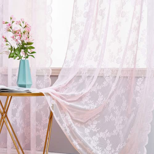 MIULEE 2er Set Vorhang Ösenvorhang mit Spitze Transparente Besondere Dekorative Gardine Kettenwirken Lace Halbtransparent Lichtdurchlässig für Wohnzimmer Kinderzimmer Cafeteria 150x245cm Hell-Pink von MIULEE