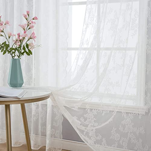 MIULEE 2er Set Vorhang Ösenvorhang mit Spitze Transparente Besondere Dekorative Gardine Kettenwirken Lace Halbtransparent Lichtdurchlässig für Wohnzimmer Kinderzimmer Cafeteria 150x260cm Weiß von MIULEE