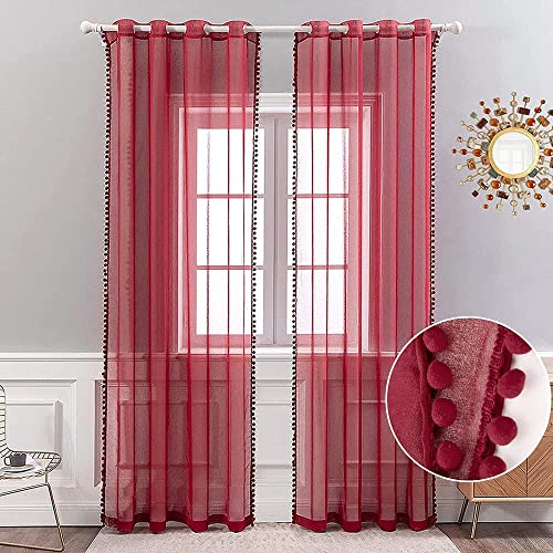 MIULEE 2er Set Vorhang Sheer mit Ösen Transparente mit Pompons Gardine aus Voile Polyester Ösenvorhang Transparent Wohnzimmer Luftig Dekoschal für Schlafzimmer 140 x 225cm (B x H) Weinrot von MIULEE