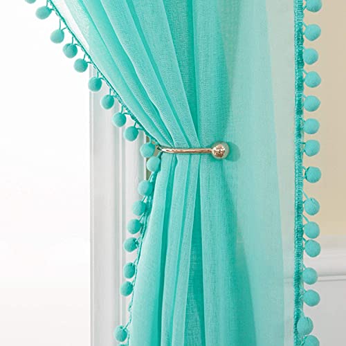 MIULEE 2er Set Vorhang Sheer mit Ösen mit Pompons Gardine aus Voile Polyester Ösenvorhang Transparent Wohnzimmer Luftig Dekoschal für Schlafzimmer 140 x 245cm (B x H) See Blau von MIULEE