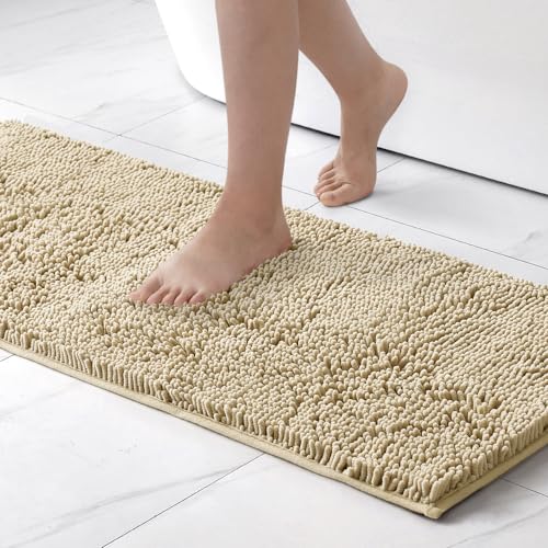 MIULEE 45x120cm Chenille Badematte rutschfest Badvorleger Badteppich rutschfest Waschbar Absorbierende Duschvorleger für Badezimmer Beige von MIULEE