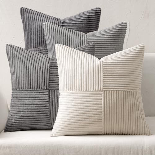 MIULEE 4er Set Kordsamt Kissenbezug Patchwork Kissenhülle Weich Dekokissen Modern Unsichtbarer Reißverschluss Sofakissen Zierkissen für Sofa Wohnzimmer Schlafzimmer Grau Serie 50x50 cm von MIULEE
