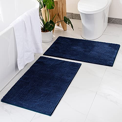 MIULEE Badematte 60x90cm Set 2 teilig Chenille Badteppich Badezimmerteppich rutschfest Waschbar Duschvorleger Badvorleger Duschmatte Fussmatte Badezimmer Wohnzimmer Schlafzimmer Dunkelblau von MIULEE