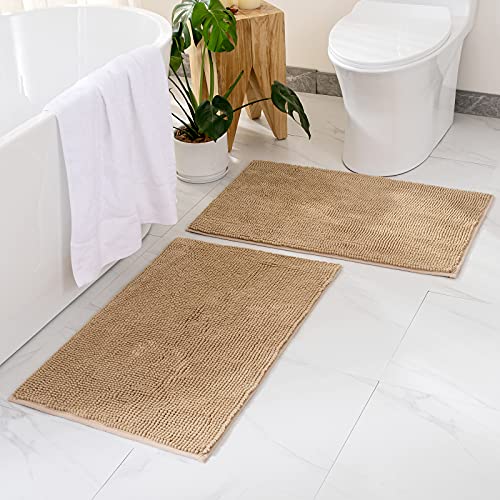 MIULEE Badematte 60x90cm Set 2 teilig Chenille Badteppich Badezimmerteppich rutschfest Waschbar Duschvorleger Badvorleger Duschmatte Bettvorleger Fussmatte Badezimmer Wohnzimmer Schlafzimmer Beige von MIULEE