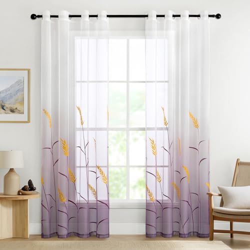 MIULEE Gardinen Bestickte Transparent Vorhänge Farbverlauf Voile Sheer 2er Set Motive Vorhang mit Ösen Dekoschal Fensterschal für Schlafzimmer und Wohnzimmer 225 cm x 140 cm(H x B) Lila von MIULEE