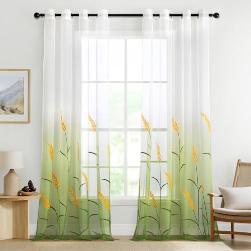MIULEE Gardinen Bestickte Transparent Vorhänge Farbverlauf Voile Sheer 2er Set Motive Vorhang mit Ösen Dekoschal Fensterschal für Schlafzimmer und Wohnzimmer 260 cm x 140 cm(H x B) Grün von MIULEE
