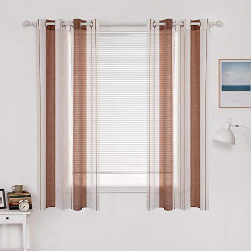 MIULEE Gardinen Gestreift Transparent mit Ösen, Voile Vorhänge Wohnzimmer 2er Set, Vorhang Schlafzimmer Transparent mit Braun Weiss Gestreift Muster, Kurz Vorhang Halbtransparent Streifen 140X160 cm von MIULEE