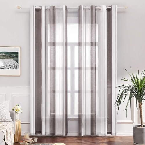 MIULEE Gardinen Gestreift Transparent mit Ösen, Voile Vorhänge Wohnzimmer 2er Set, Vorhang Schlafzimmer Transparent mit Dunkelbraun Weiss Gestreift, Kurz Vorhang Halbtransparent Streifen 140X145 cm von MIULEE