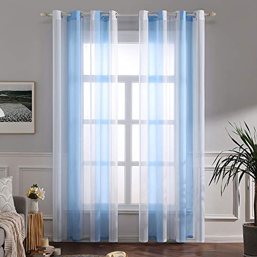 MIULEE Gardinen Gestreift Transparent mit Ösen, Voile Vorhänge Wohnzimmer 2er Set, Vorhang Schlafzimmer Transparent mit Hellblau Weiss Gestreift Muster Kurz Vorhang Halbtransparent Streifen 140X145 CM von MIULEE