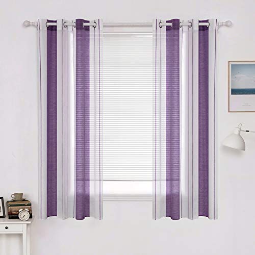 MIULEE Gardinen Gestreift Transparent mit Ösen, Voile Vorhänge Wohnzimmer 2er Set, Vorhang Schlafzimmer Transparent mit Lila Weiss Gestreift Muster, Kurz Vorhang Halbtransparent Streifen 140X160 cm von MIULEE