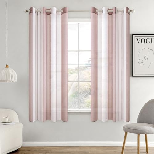 MIULEE Gardinen Gestreift Transparent mit Ösen, Voile Vorhänge Wohnzimmer Modern 2er Set, Vorhang Schlafzimmer Transparent mit Altrosa Weiss Gestreift Muster, Vorhang Halbtransparent Streifen 140X160 von MIULEE