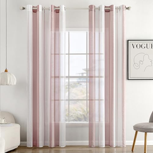 MIULEE Gardinen Gestreift Transparent mit Ösen, Voile Vorhänge Wohnzimmer Modern 2er Set, Vorhang Schlafzimmer Transparent mit Altrosa Weiss Gestreift Muster, Vorhang Halbtransparent Streifen 140X225 von MIULEE