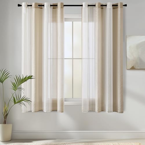 MIULEE Gardinen Gestreift Transparent mit Ösen, Voile Vorhänge Wohnzimmer Modern 2er Set, Vorhang Schlafzimmer Transparent mit Beige Weiss Gestreift Muster, Vorhang Halbtransparent Streifen 140X137 cm von MIULEE