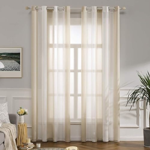 MIULEE Gardinen Gestreift Transparent mit Ösen, Voile Vorhänge Wohnzimmer Modern 2er Set, Vorhang Schlafzimmer Transparent mit Beige Weiss Gestreift Muster, Vorhang Halbtransparent Streifen 140X270 cm von MIULEE