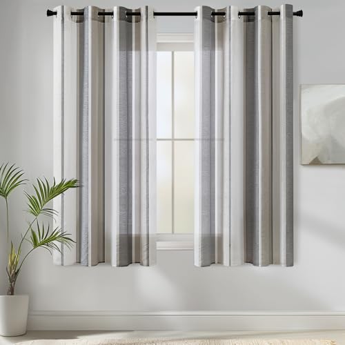 MIULEE Gardinen Gestreift Transparent mit Ösen, Voile Vorhänge Wohnzimmer Modern 2er Set, Vorhang Schlafzimmer Transparent mit Dunkelgrau Weiss Gestreift, Vorhang Halbtransparent Streifen 140X137 cm von MIULEE