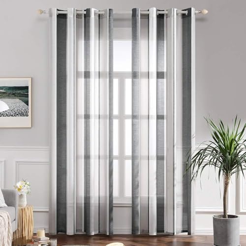 MIULEE Gardinen Gestreift Transparent mit Ösen, Voile Vorhänge Wohnzimmer Modern 2er Set, Vorhang Schlafzimmer Transparent mit Dunkelgrau Weiss Gestreift, Vorhang Halbtransparent Streifen 140X270 cm von MIULEE