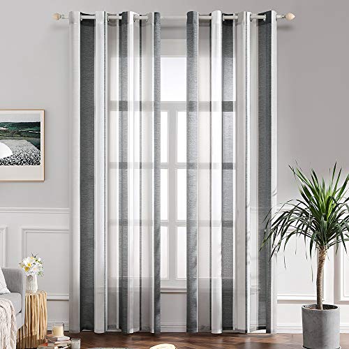 MIULEE Gardinen Gestreift Transparent mit Ösen, Voile Vorhänge Wohnzimmer Modern 2er Set, Vorhang Schlafzimmer Transparent mit Dunkelgrau Weiss Gestreift, Vorhang Halbtransparent Streifen 140X280 cm von MIULEE